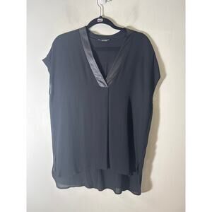 Vince Black Leather V Neck Flowy Blouse Sz L